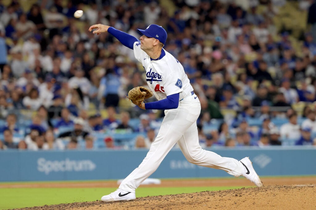 Blake Treinen #49 of the Los Angeles Dodgers pitches during the ninth inning against the Los Angeles Angels at Dodger Stadium on June 05, 2026 in Los Angeles, California.
