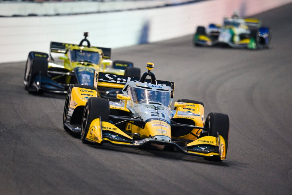 Christian Rasmussen (21) Splenda Ed Carpenter Racing Chevrolet drives through turn three during the NTT IndyCar Series Bommarito Automotive Group 500 on June 7, 2026, at World Wide Technology Raceway in Madison, Illinois.