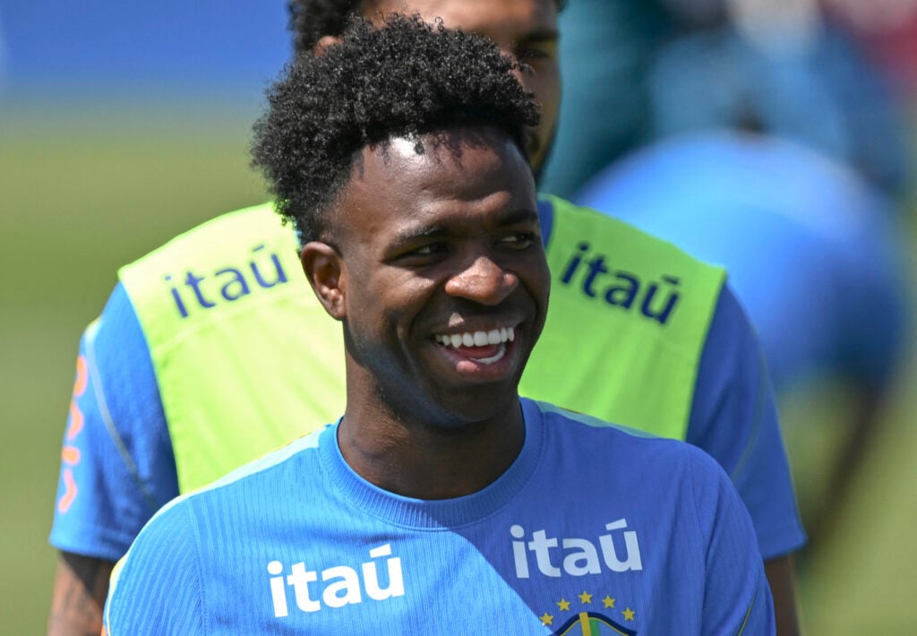 Brazil's forward Vinicius Junior smiles on during a training session as part of the team's preparation for its FIFA World Cup football tournament opening match against Morocco