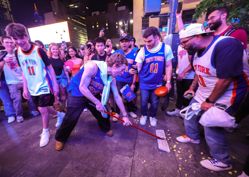 New York Knicks Fans Gather To Watch Game Two Of The NBA Finals Against San Antonio Spurs