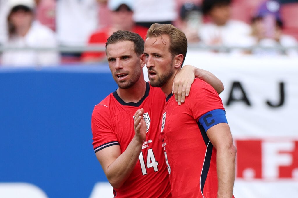 Jordan Henderson celebrates with Harry Kane after England score against New Zealand in an international friendly.