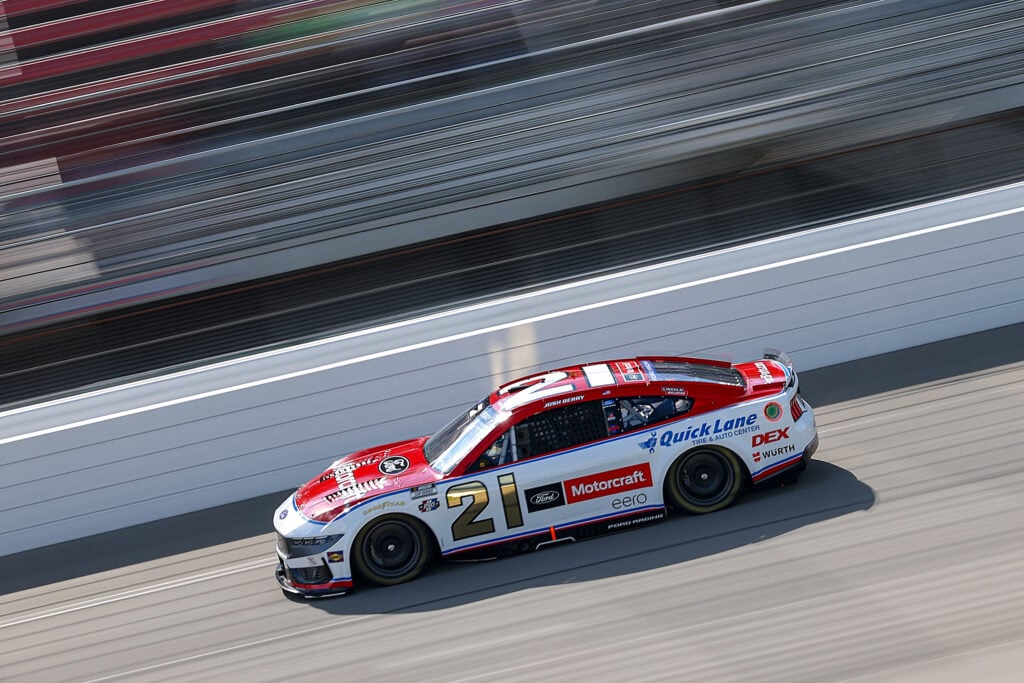 Josh Berry, driver of the #21 Motorcraft/Quick Lane Ford, drives during practice for the NASCAR Cup Series FireKeepers Casino 400 at Michigan International Speedway on June 06, 2026 in Brooklyn, Michigan.