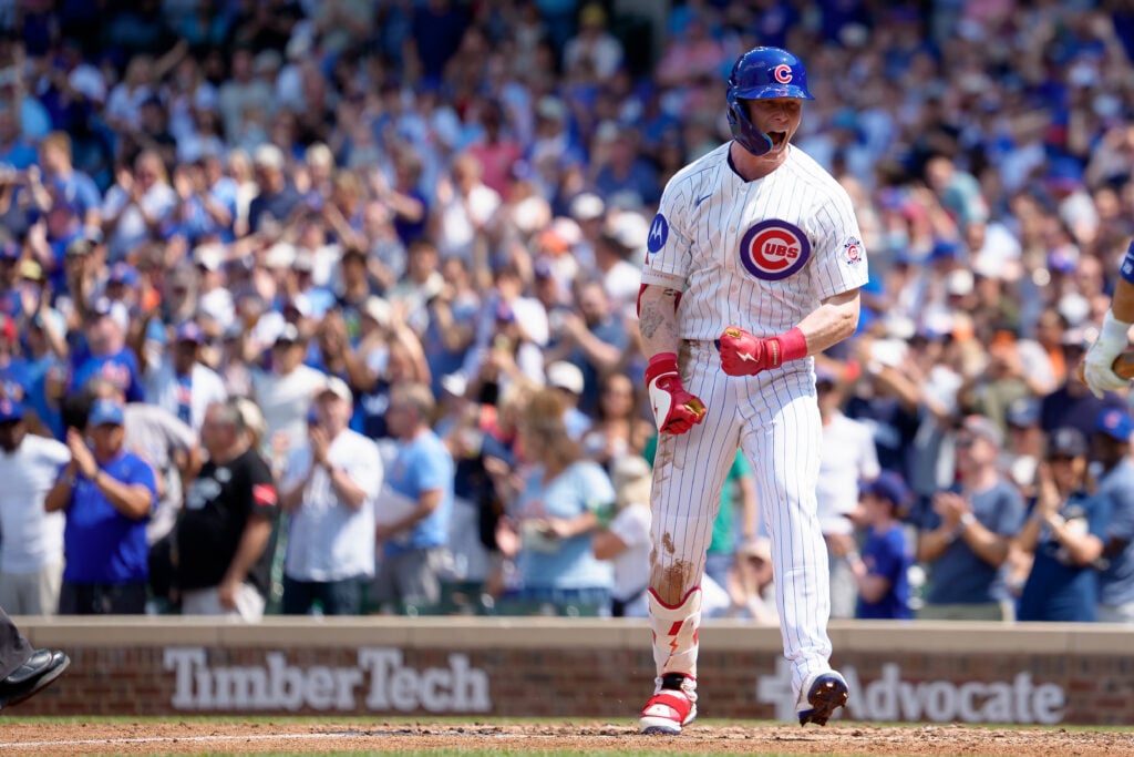 Pete Crow-Armstrong #4 of the Chicago Cubs celebrates a solo in the sixth inning of a game against the San Francisco Giants at Wrigley Field on June 6, 2026 in Chicago, Illinois.