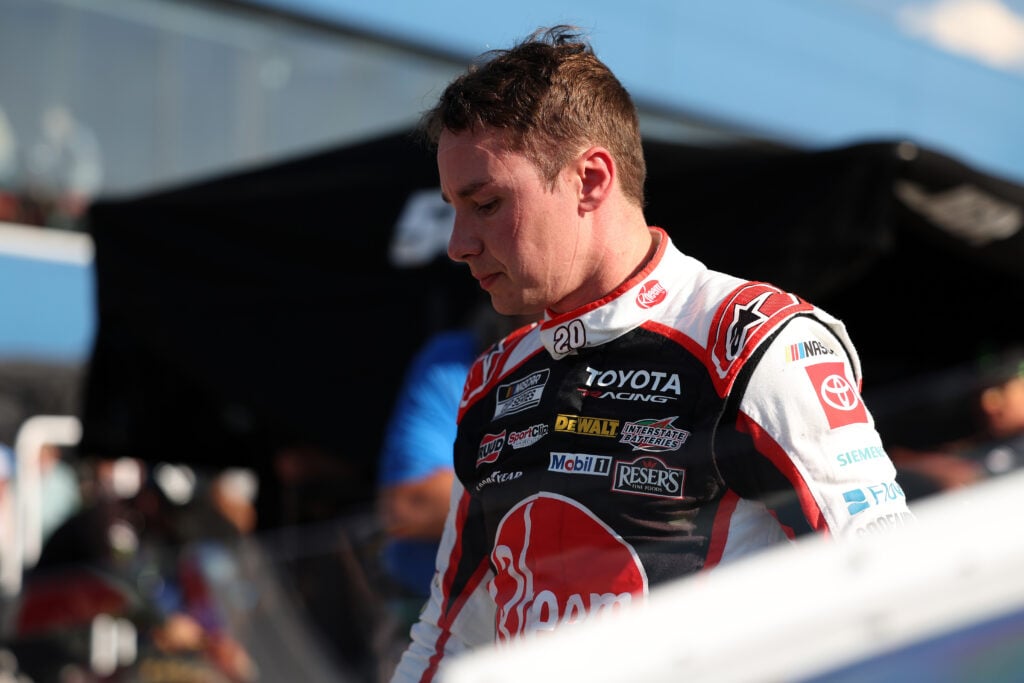Christopher Bell, driver of the #20 Rheem Toyota, on the grid during practice for the NASCAR Cup Series FireKeepers Casino 400 at Michigan International Speedway on June 06, 2026 in Brooklyn, Michigan.