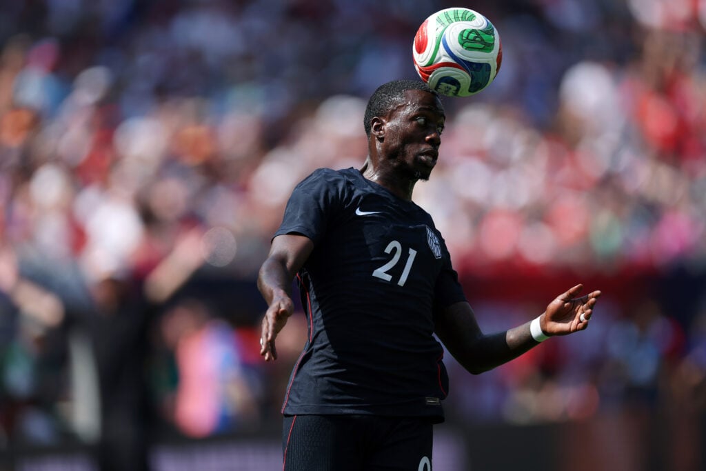 Timothy Weah #21 of the United States heads the ball during the international friendly match between United States and Germany at Soldier Field