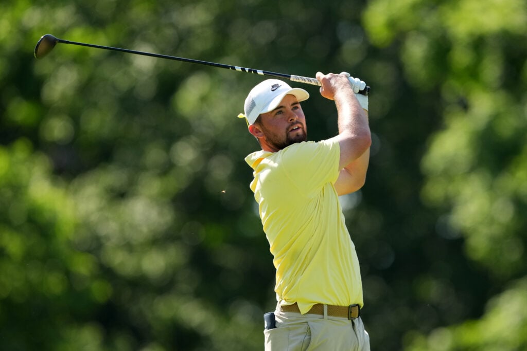 Alex Fitzpatrick hits a tee shot during the final round of the Memorial Tournament