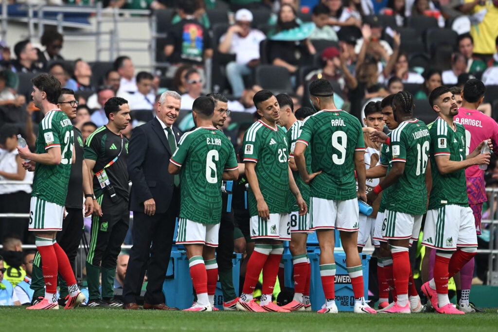 Mexico players have a drinks break during the 2026 FIFA World Cup clash against South Africa