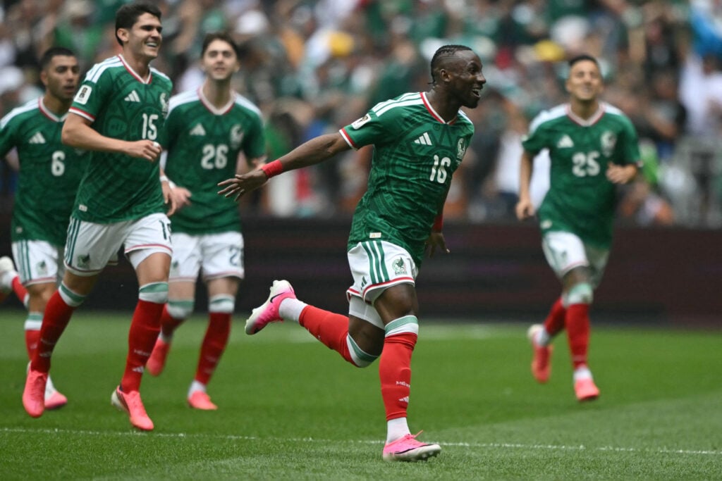 Mexico's forward #16 Julian Quinones celebrates scoring his team's first goal during the 2026 World Cup Group A football match between Mexico and South Africa at the Mexico City Stadium in Mexico City