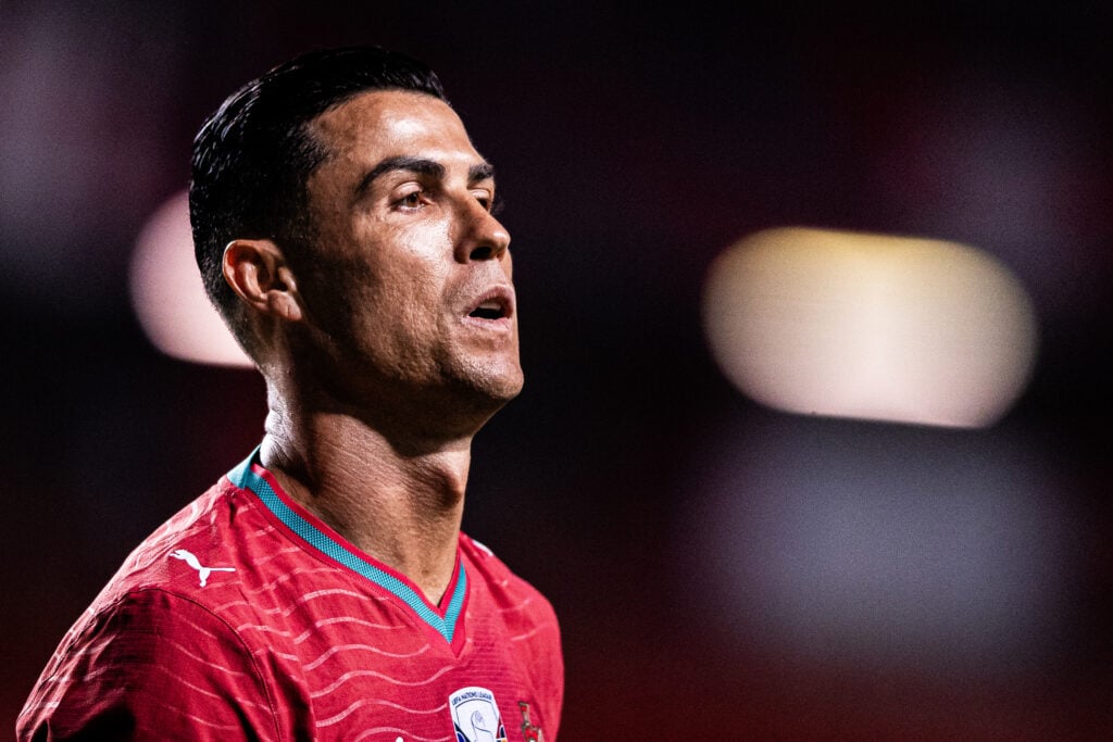 Cristiano Ronaldo of Portugal reacts during the FIFA World Cup 2026 international friendly match between Portugal and Nigeria at Estadio Dr. Magalhaes Pessoa.
