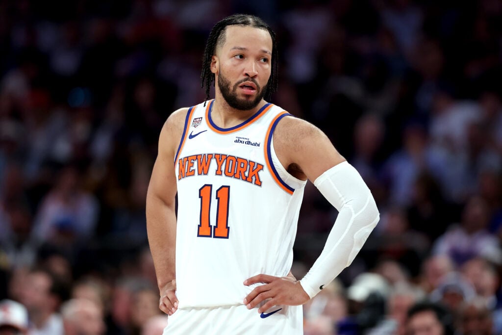 Jalen Brunson #11 of the New York Knicks looks on during the second quarter against the San Antonio Spurs in Game Three of the 2026 NBA Finals at Madison Square Garden on June 08, 2026.