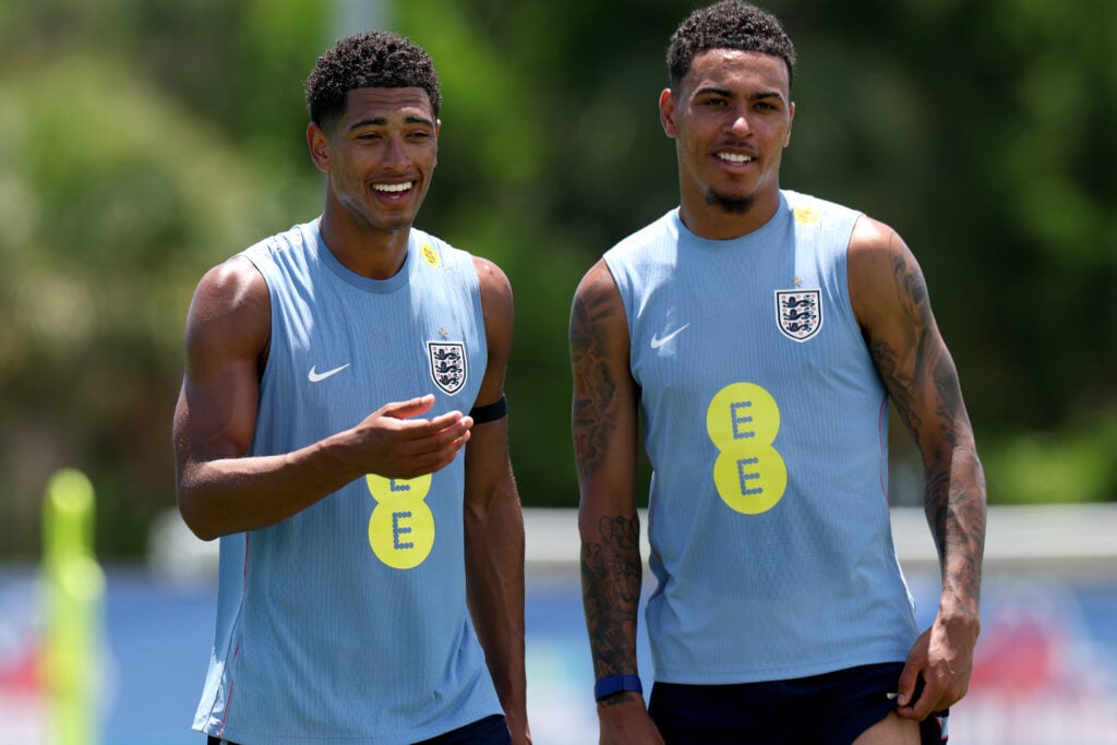 Jude Bellingham and Morgan Rogers #17 of England look on during a training session during the England World Cup 2026 Camp