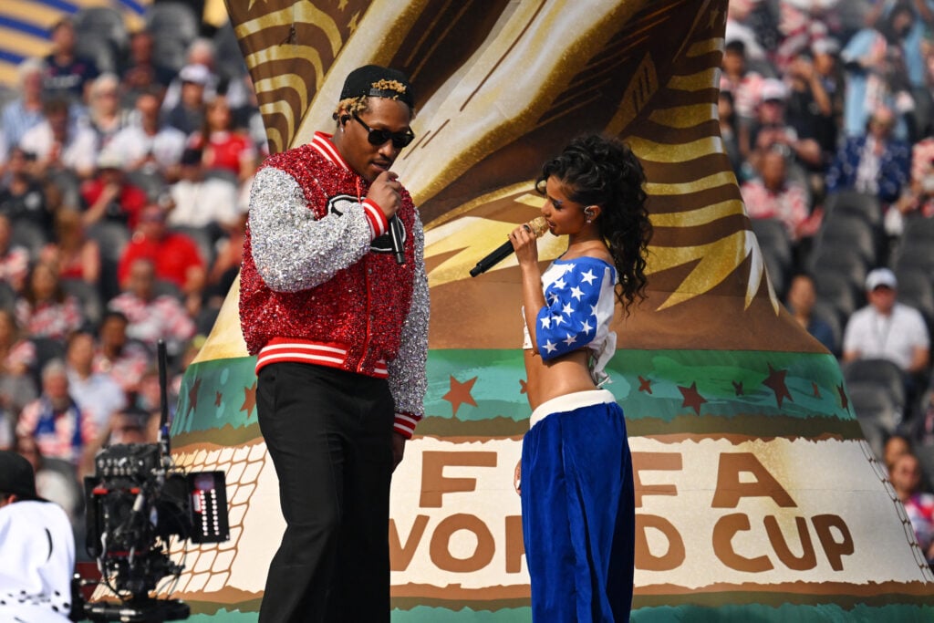 US rapper Future (L) and South African singer and songwriter Tyla (R) perform during the opening ceremony of the 2026 World Cup football tournament ahead of the Group D football match between USA and Paraguay at the Los Angeles Stadium in Inglewood on June 12, 2026.