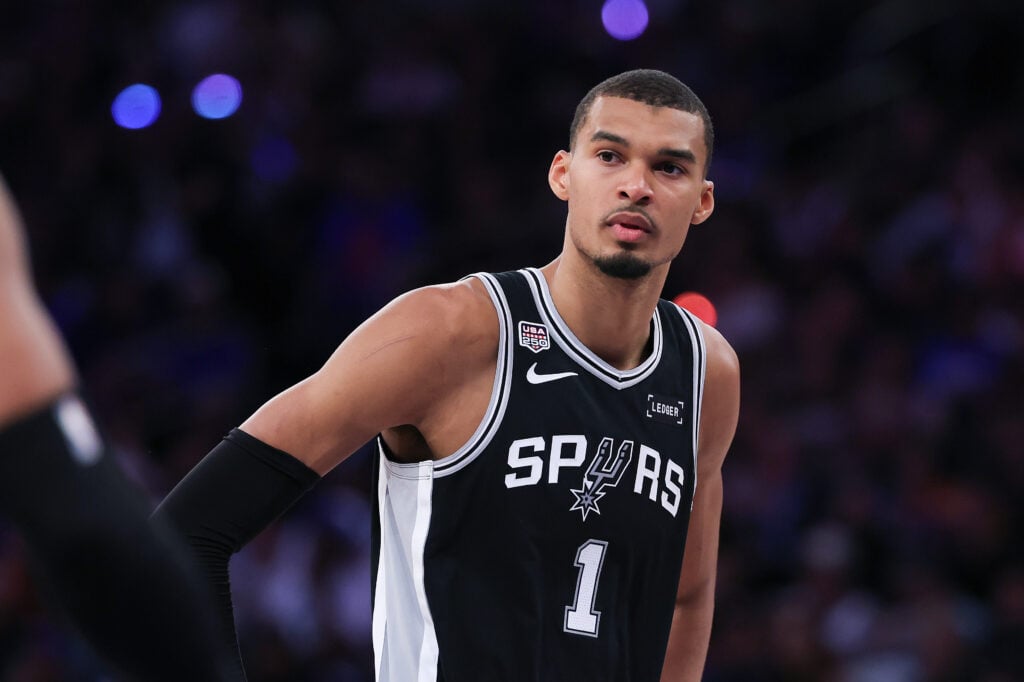 Victor Wembanyama #1 of the San Antonio Spurs looks on during the fourth quarter against the New York Knicks in Game Three of the 2026 NBA Finals at Madison Square Garden.