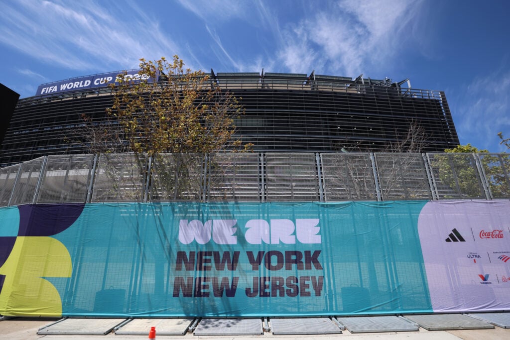 General view of signage outside the Metlife stadium, host venue for the FIFA World Cup at MetLife Stadium.