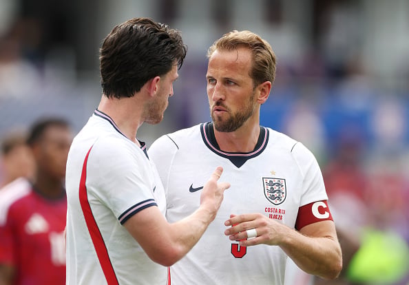 Declan Rice #4 and Harry Kane #9 of England speak during the International Friendly match between England and Costa Rica at Inter&Co Stadium
