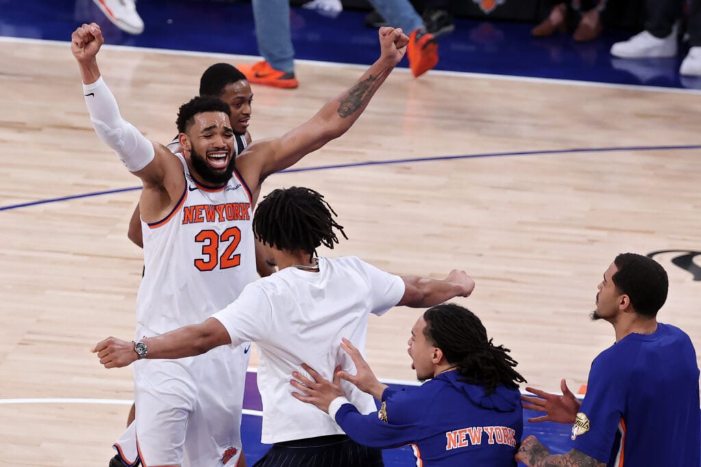 Karl-Anthony Towns #32 of the New York Knicks celebrates after his team's 107-106 victory against the San Antonio Spurs in Game Four of the 2026 NBA Finals at Madison Square Garden on June 10, 2026 in New York City.