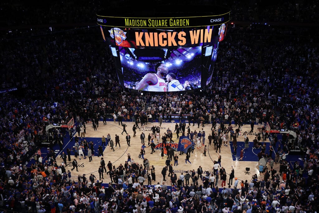 A general view inside Madison Square Garden as the New York Knicks celebrate their 107-106 victory against the San Antonio Spurs in Game Four of the 2026 NBA Finals