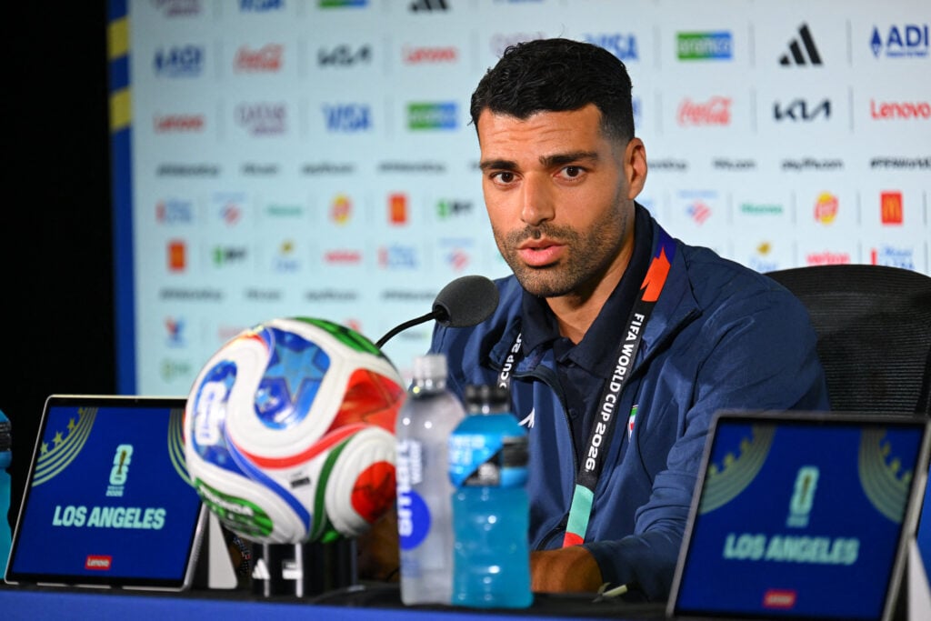 Iran's forward #09 Mehdi Taremi gives a press conference at Los Angeles Stadium in Inglewood on June 14, 2026, on the eve of the 2026 World Cup football match between Iran and New Zealand.