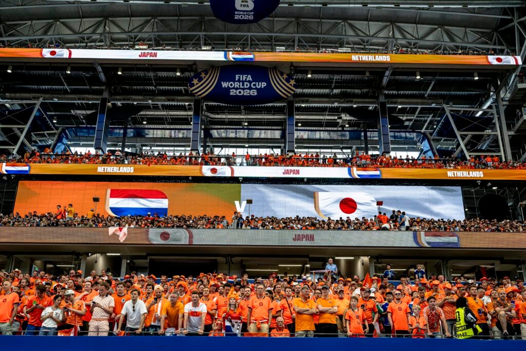 Supporters of the Dutch national team during the Netherlands vs. Japan match at the 2026 World Cup at AT&T Stadium on June 14, 2026, in Dallas, United States.