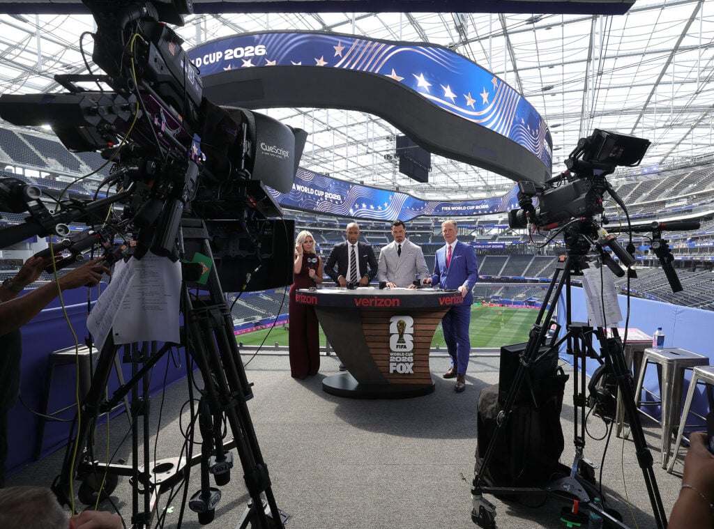Fox Sports announcers Rebecca Lowe, Thierry Henry, Zlatan Ibrahimović, and Alexi Lalas during the Fox Sports FIFA World Cup Now show at SoFi Stadium on June 11, 2026 in Inglewood, California.