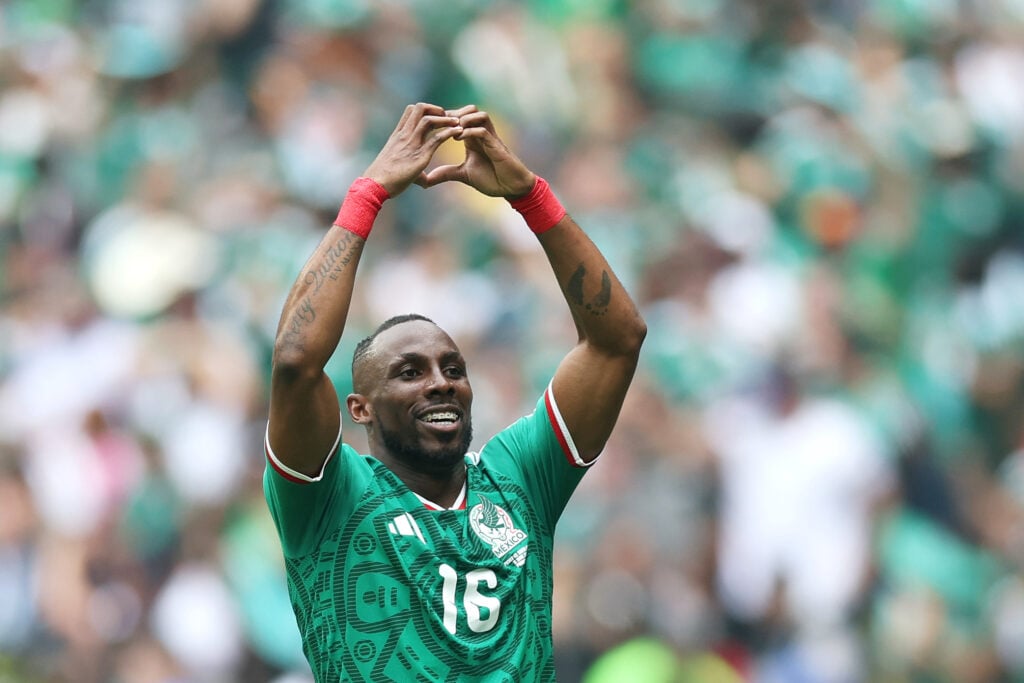 Julian Quinones #16 of Mexico celebrates scoring his team's first goal during the FIFA World Cup 2026 Group A match between Mexico and South Africa.