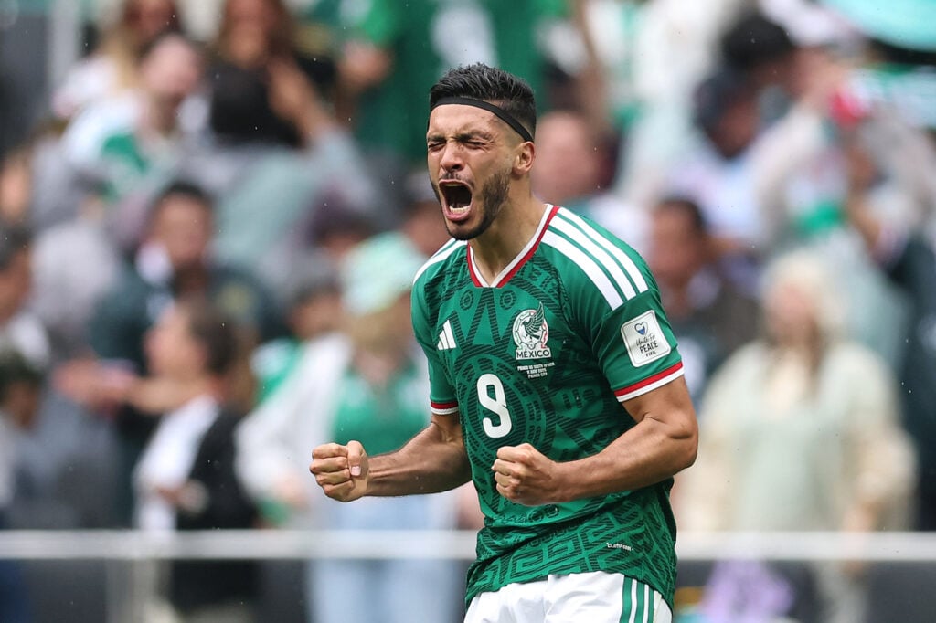 Raul Jimenez #9 of Mexico celebrates scoring his team's second goal during the FIFA World Cup 2026 Group A match between Mexico and South Africa.