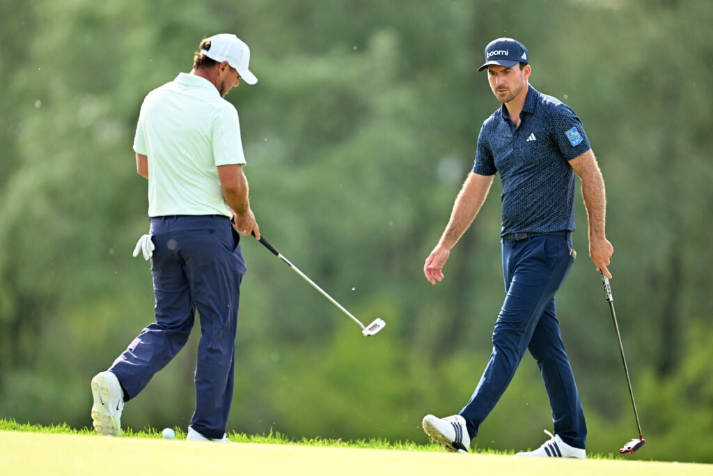 Nick Taylor and Brooks Koepka in action during day one of the RBC Canadian Open at TPC Toronto at Osprey Valley
