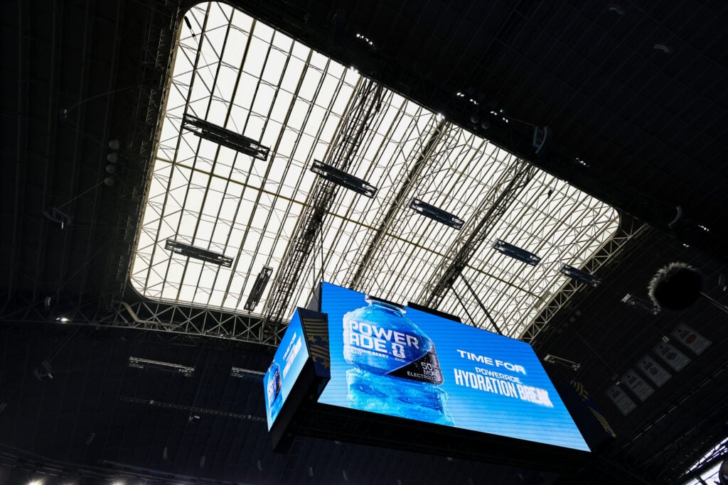 Powerade hydration break advert seen on the LED screen during the FIFA World Cup 2026 Group F match between Netherlands and Japan at Dallas Stadium.