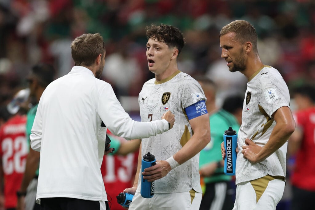 Ladislav Krejci and Tomas Soucek of Czechia look on during a hydration break during the FIFA World Cup 2026