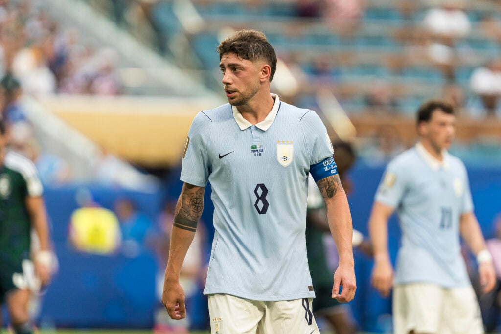 Federico Valverde of Uruguay looks on during the FIFA World Cup 2026 Group H match between Saudi Arabia and Uruguay at Miami Stadium.