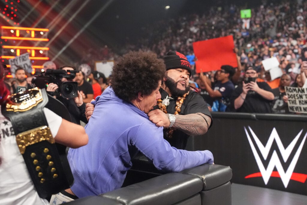 Jacob Fatu attacks Eric André during Monday Night RAW at CFG Bank Arena on June 15, 2026 in Baltimore, United States.