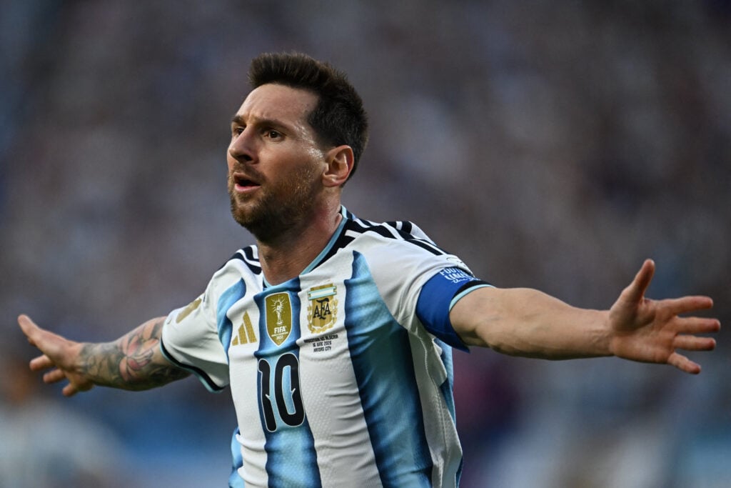 Argentina's forward #10 Lionel Messi celebrates scoring his team's first goal during the 2026 World Cup Group J football match between Argentina and Algeria at the Kansas City Stadium.