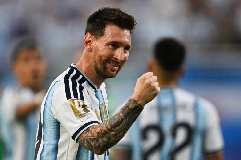 Lionel Messi #10 of Argentina celebrates scoring his team's first goal during the FIFA World Cup 2026 Group J match between Argentina and Algeria at Kansas City Stadium on June 16, 2026 in Kansas City, Missouri.