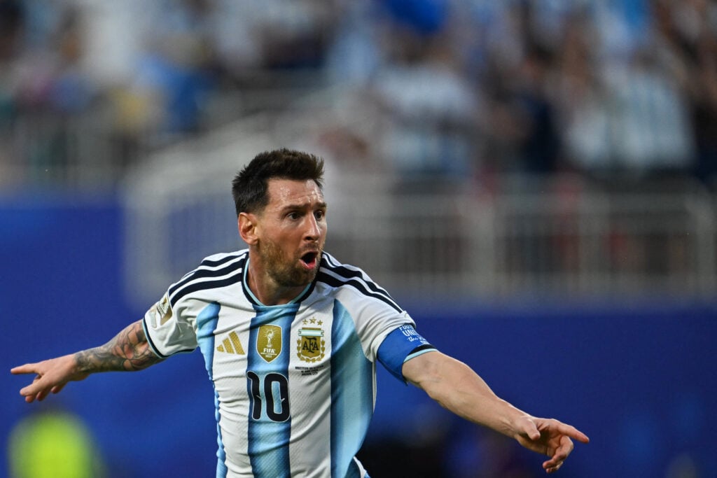 Argentina's forward #10 Lionel Messi celebrates scoring his team's first goal during the 2026 World Cup Group J football match between Argentina and Algeria at the Kansas City Stadium.