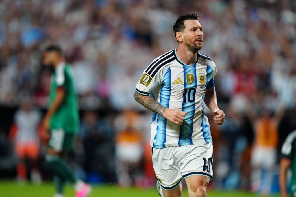 Lionel Messi #10 of Argentina celebrates after scoring the third goal of his team during the FIFA World Cup 2026 Group J match between Argentina and Algeria at Kansas City Stadium on June 16, 2026 in Kansas City, Missouri.