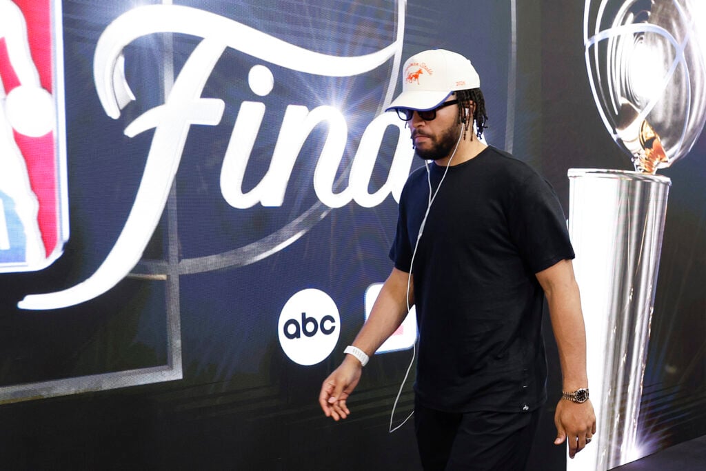 Jalen Brunson #11 of the New York Knicks arrives prior to Game Five of the 2026 NBA Finals against the San Antonio Spurs at Frost Bank Center.