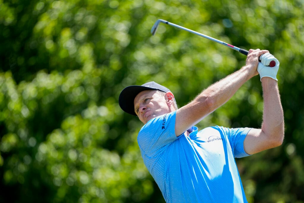 Justin Rose of England hits a shot during a practice round prior to 126th U.S. Open Championship at Shinnecock Hills Golf Club