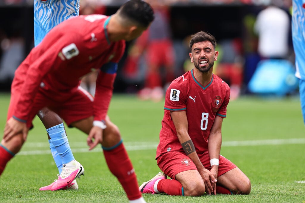 Bruno Fernandes of Portugal reacts towards Cristiano Ronaldo of Portugal during the FIFA World Cup 2026 Group K match between Portugal and Congo DR at Houston Stadium.