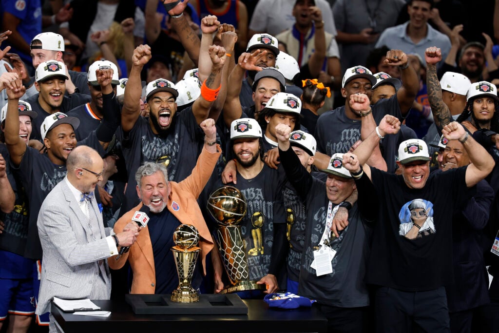 New York Knicks owner James Dolan is interviewed by Ernie Johnson Jr. after his team's victory against the San Antonio Spurs in Game Five of the 2026 NBA Finals at Frost Bank Center.
