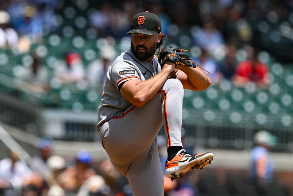 San Francisco pitcher Robbie Ray (38) pitches during the MLB game between the San Francisco Giants and the Atlanta Braves on June 17th, 2026 at Truist Park.