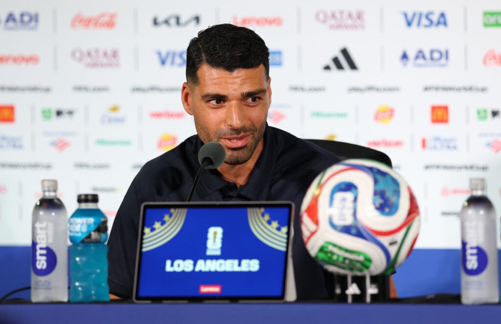 Iran's forward #09 Mehdi Taremi gives a press conference at Los Angeles Stadium in Inglewood on June 14, 2026, on the eve of the 2026 World Cup football match between Iran and New Zealand.