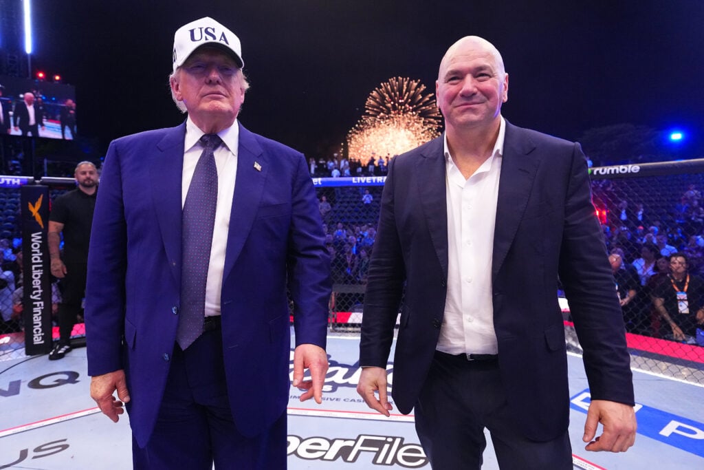 U.S. President Donald J. Trump and UFC President and CEO Dana White enter the Octagon following the UFC lightweight championship fight during the UFC Freedom 250 event on the South Lawn at the White House.