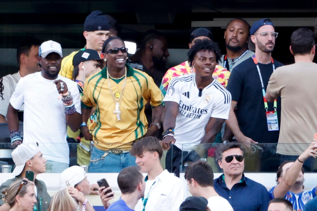 Carlos W. Desrosiers (L) Travis Scott and IShowSpeed aka Darren Watkins attend the FIFA World Cup 2026 Group C football match between Brazil and Morocco at New York New Jersey Stadium on June 13, 2026 in East Rutherford, United States.