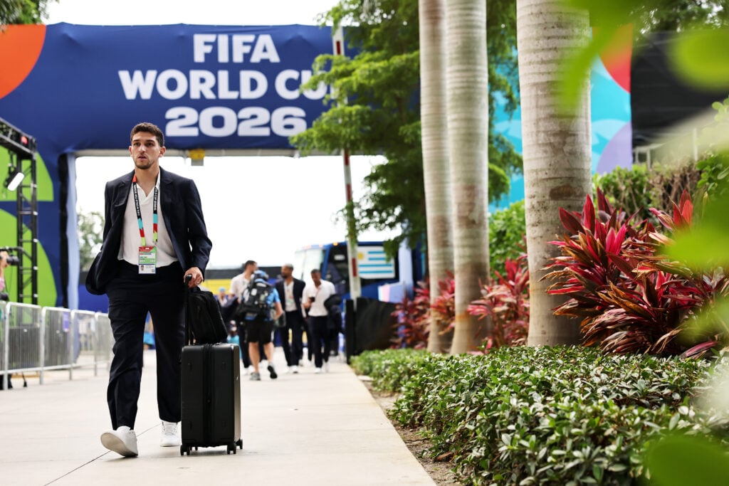 Rodrigo Bentancur #6, Rodrigo Aguirre #19 and Nicolas de la Cruz #7 of Uruguay arrive at the stadium before the FIFA World Cup 2026 Group H match between Saudi Arabia and Uruguay at Miami Stadium on June 15, 2026 in Miami, Florida.