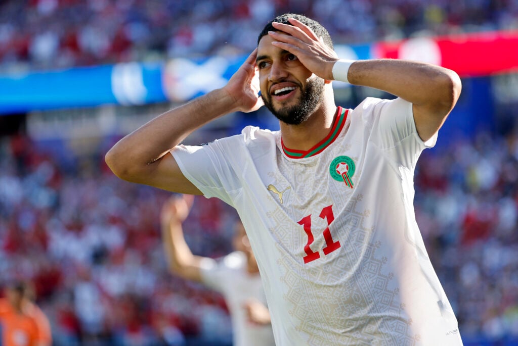 Ismael Saibari #11 of Morocco can not believe he scored during a FIFA World Cup 2026 Group C match between Scotland and Morocco on June 19, 2026 at Boston Stadium in Foxborough, Massachusetts.