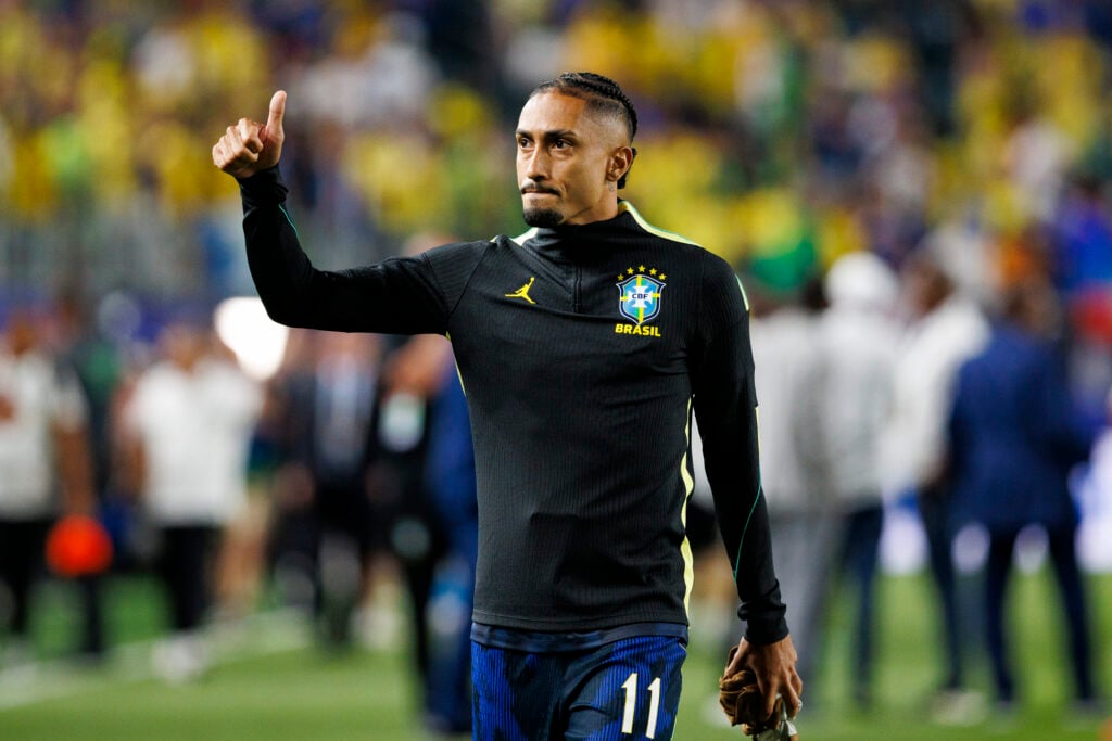 Raphinha of Brazil thanks supporters for standing following the FIFA World Cup 2026 Group C match between Brazil and Haiti