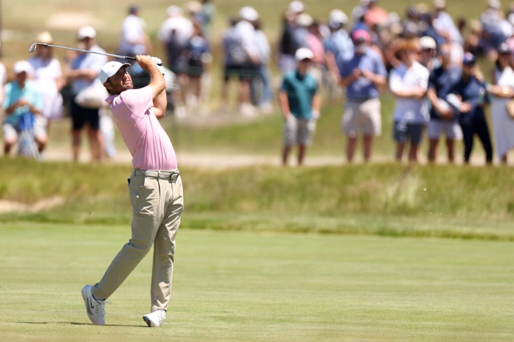Scottie Scheffler hits an approach shot in a practice round ahead of the US Open at Shinnecock Hills