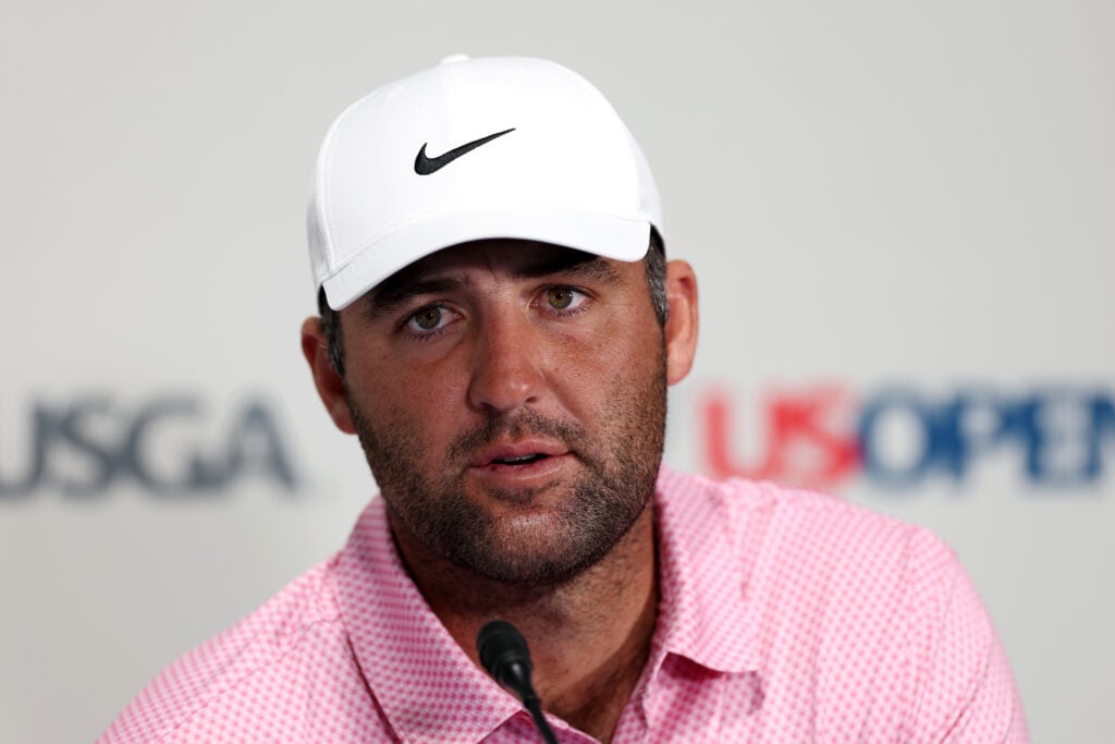 Scottie Scheffler speaks to the media after a practice round prior to the U.S. OPEN at Shinnecock Hills