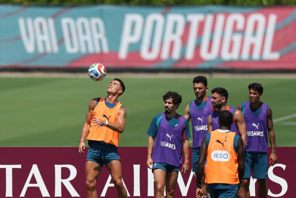Cristiano Ronaldo, midfielder #23 Vitinha, forward #09 Goncalo Ramos, midfielder #08 Bruno Fernandes and defender #20 Joao Cancelo take part in a training session at Gardens North County District Park in Palm Beach Gardens, on June 20, 2026, during the 2026 World Cup football tournament.