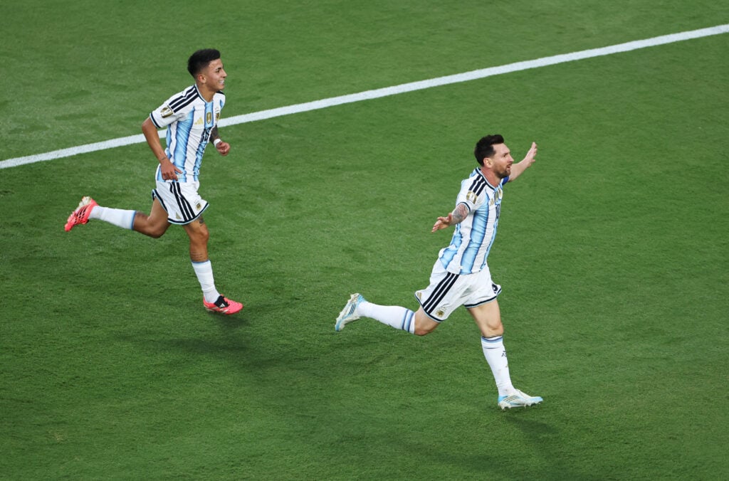 Lionel Messi #10 of Argentina celebrates scoring his team's first goal during the FIFA World Cup 2026 Group J match between Argentina and Algeria at Kansas City Stadium on June 16, 2026 in Kansas City, Missouri.